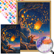 Load image into Gallery viewer, AB Diamond Painting - Full Round - Giant cat and girl flying sky lanterns (40*60CM)