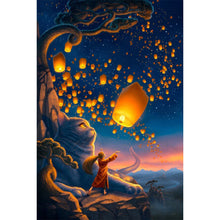 Load image into Gallery viewer, AB Diamond Painting - Full Round - Giant cat and girl flying sky lanterns (40*60CM)