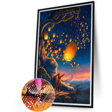 Load image into Gallery viewer, AB Diamond Painting - Full Round - Giant cat and girl flying sky lanterns (40*60CM)