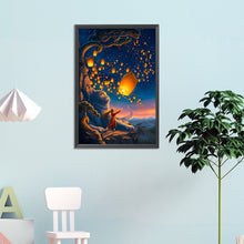 Load image into Gallery viewer, AB Diamond Painting - Full Round - Giant cat and girl flying sky lanterns (40*60CM)