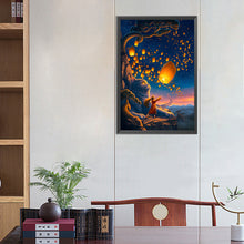 Load image into Gallery viewer, AB Diamond Painting - Full Round - Giant cat and girl flying sky lanterns (40*60CM)