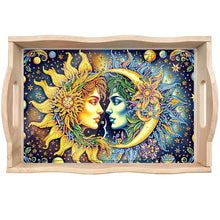 Load image into Gallery viewer, Wooden Sun Moon Diamond Decorative Serving Tray with Handle for Coffee Table