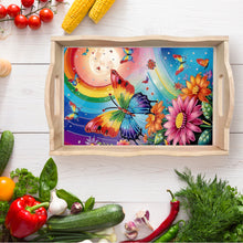 Load image into Gallery viewer, Wooden Rainbow Butterfly Diamond Decorative Serving Tray with Handle for Desk
