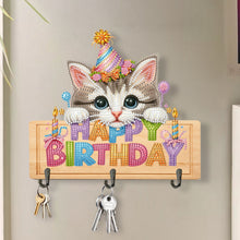 Load image into Gallery viewer, Wooden Special Shape Happy Birthday Cat 3 Hooks Diamond Painting Hook Rail