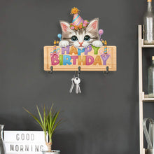 Load image into Gallery viewer, Wooden Special Shape Happy Birthday Cat 3 Hooks Diamond Painting Hook Rail