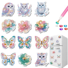 Load image into Gallery viewer, 12Pcs Diamond Painting Fridge Magnet Owl Flower Butterfly Fridge Stickers