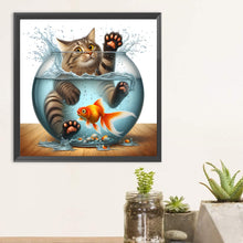 Load image into Gallery viewer, Diamond Painting - Full Round - Cat playing in fish tank (30*30CM)
