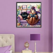 Load image into Gallery viewer, Diamond Painting - Full Round - Girl reading and black cat (50*50CM)