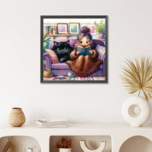 Load image into Gallery viewer, Diamond Painting - Full Round - Girl reading and black cat (50*50CM)