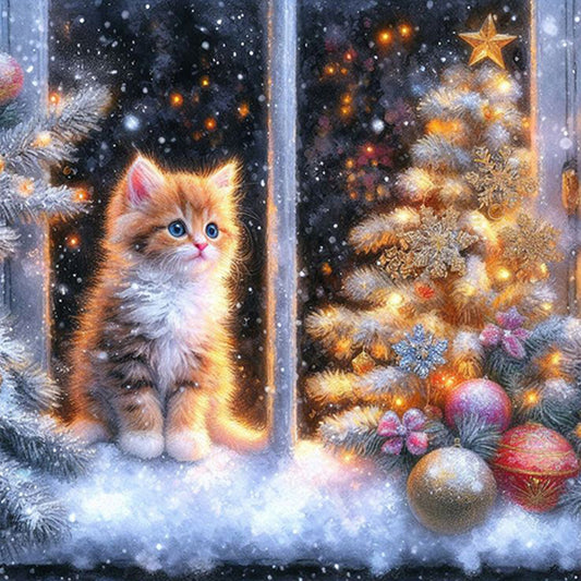 AB Diamond Painting - Full Round - Christmas snowy night kitten (40*40CM)