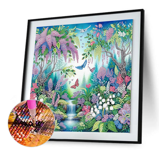 Diamond Painting - Partial Special Shaped - Butterfly flower forest landscape (30*30CM)