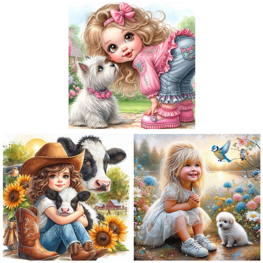 3pcs Round Diamond Painting Set - Girl and animal (30*30CM)