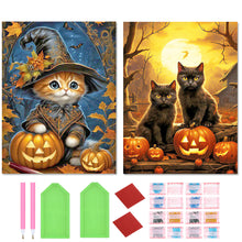 Load image into Gallery viewer, 2pcs Round Diamond Painting Set - Halloween pumpkin cat (30*40CM)