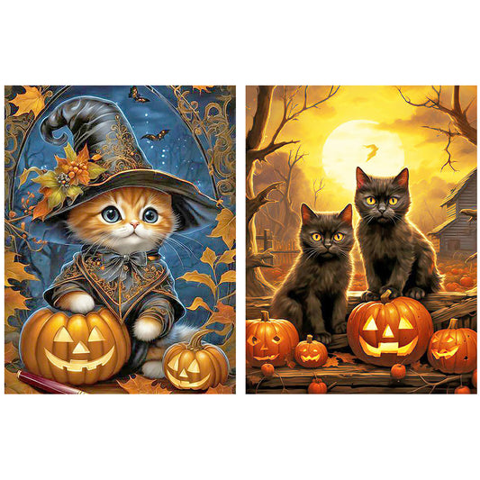 2pcs Round Diamond Painting Set - Halloween pumpkin cat (30*40CM)