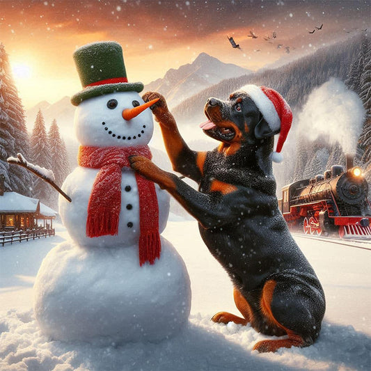 AB Diamond Painting - Full Round - Winter snowman and puppy (40*40CM)