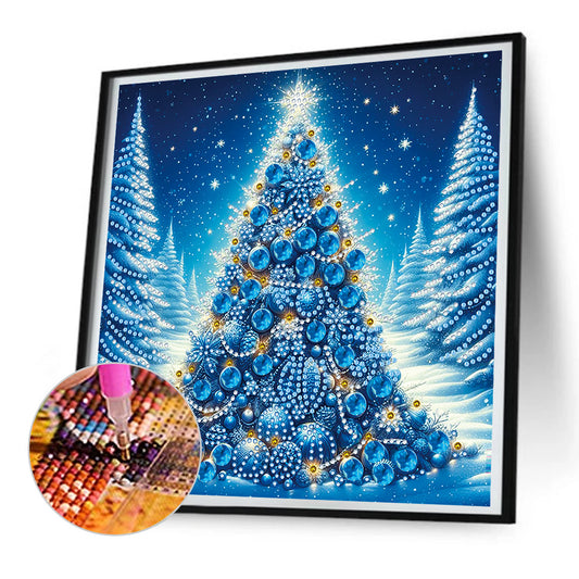 Diamond Painting - Partial Special Shaped - Blue Christmas tree in the snow (30*30CM)