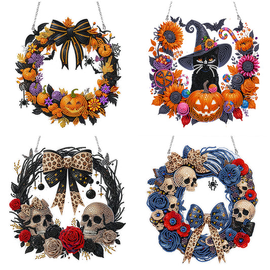 4pcs Halloween Acrylic 5D DIY Diamond Painting Wreath Pendant for Window Decor