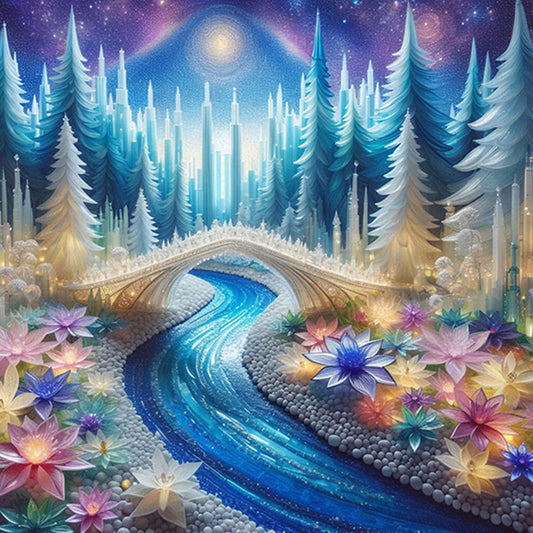 AB Diamond Painting - Full Round - Ice flower white bridge river water (40*40CM)