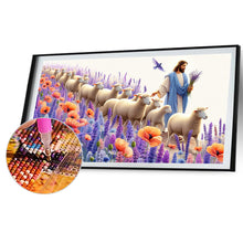 Load image into Gallery viewer, Diamond Painting - Full Round - Jesus and Flowers Herding Sheep (70*40CM)