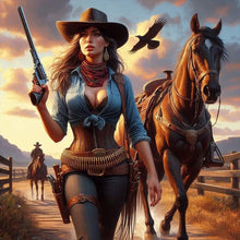 Load image into Gallery viewer, Diamond Painting - Full Round - Cool cowboy girl and horse (40*40CM)