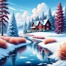 Load image into Gallery viewer, Diamond Painting - Full Round - Snowy riverside house (30*30CM)