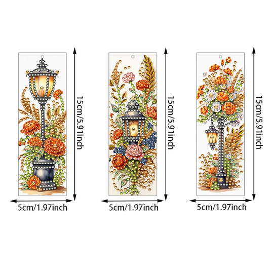 3Pcs Special Shape Flowers Under Street Lamp Diamond Painting Art Bookmark
