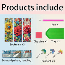 Load image into Gallery viewer, 3Pcs Special Shape Flowers Diamond Painting Art Bookmark with Pendant for Books