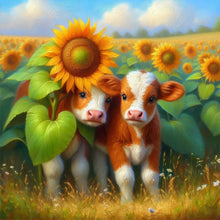 Load image into Gallery viewer, Diamond Painting - Full Round - Two cows in a sunflower field (30*30CM)