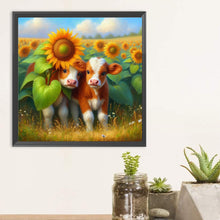 Load image into Gallery viewer, Diamond Painting - Full Round - Two cows in a sunflower field (30*30CM)