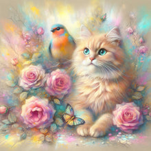 Load image into Gallery viewer, Diamond Painting - Full Round - Blue tit kitten and pink rose (30*30CM)
