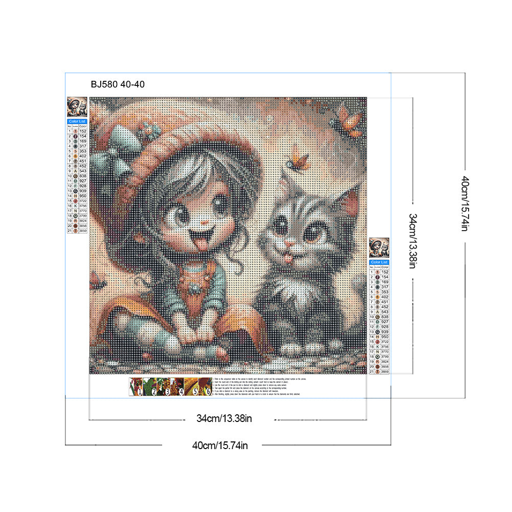 Diamond Painting - Full Round - Kitten and girl (40*40CM)