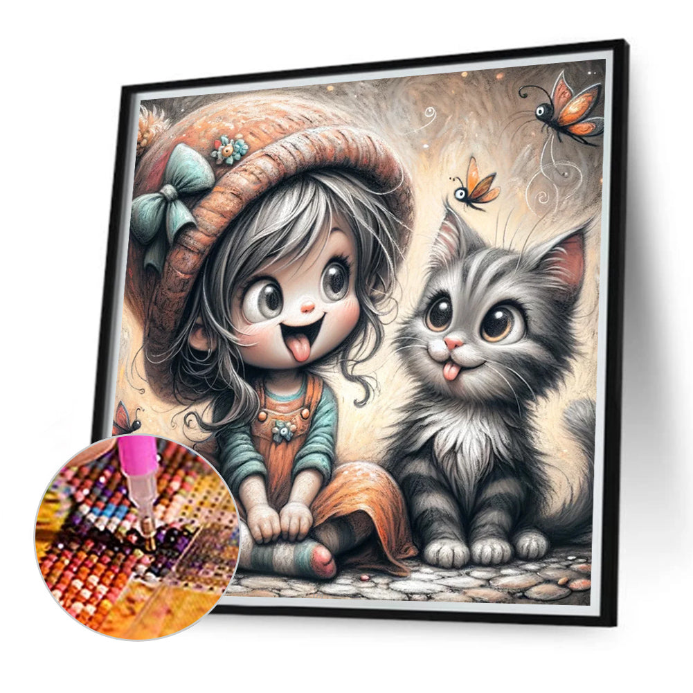 Diamond Painting - Full Round - Kitten and girl (40*40CM)