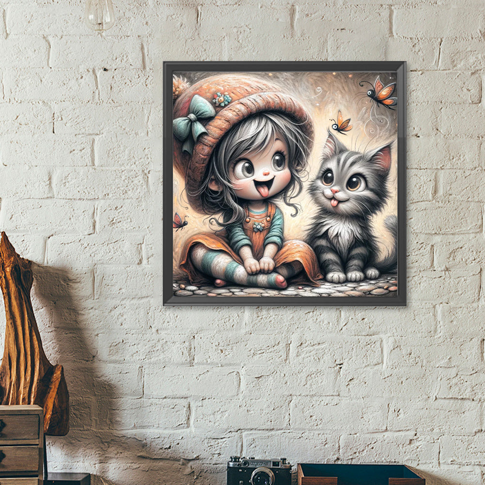 Diamond Painting - Full Round - Kitten and girl (40*40CM)