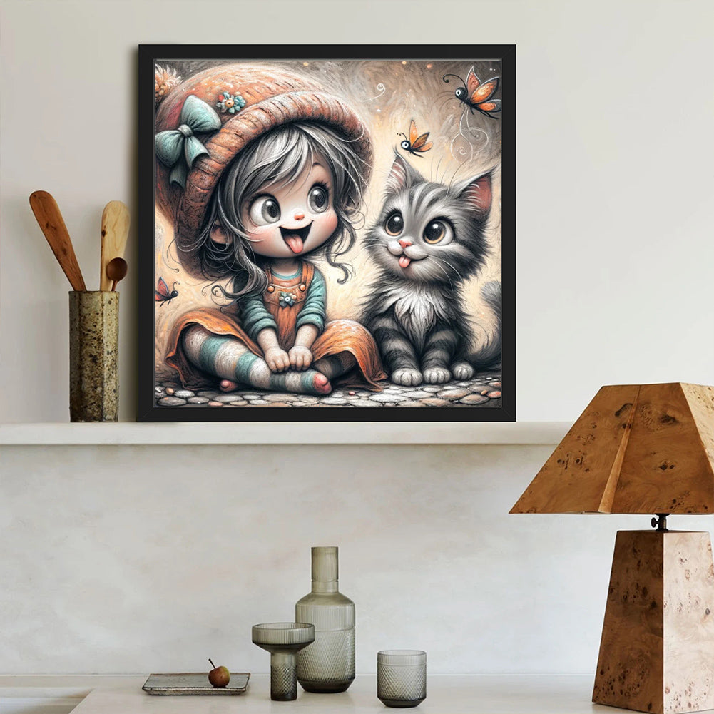 Diamond Painting - Full Round - Kitten and girl (40*40CM)