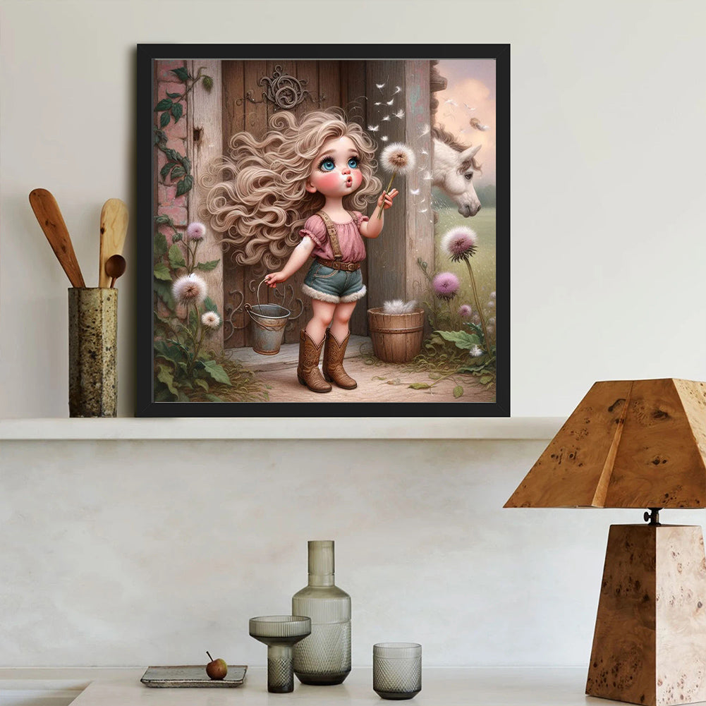 Diamond Painting - Full Round - Dandelion cowboy girl white horse (40*40CM)