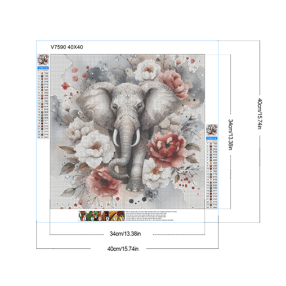 Diamond Painting - Full Round - Red and white peony elephant (40*40CM)
