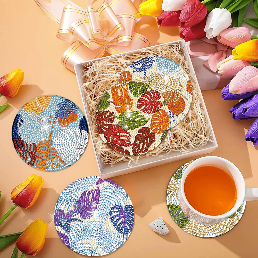 8Pcs Wooden Leaves 5D Diamond Painting Kits Diamond Art Coasters for Party Decor