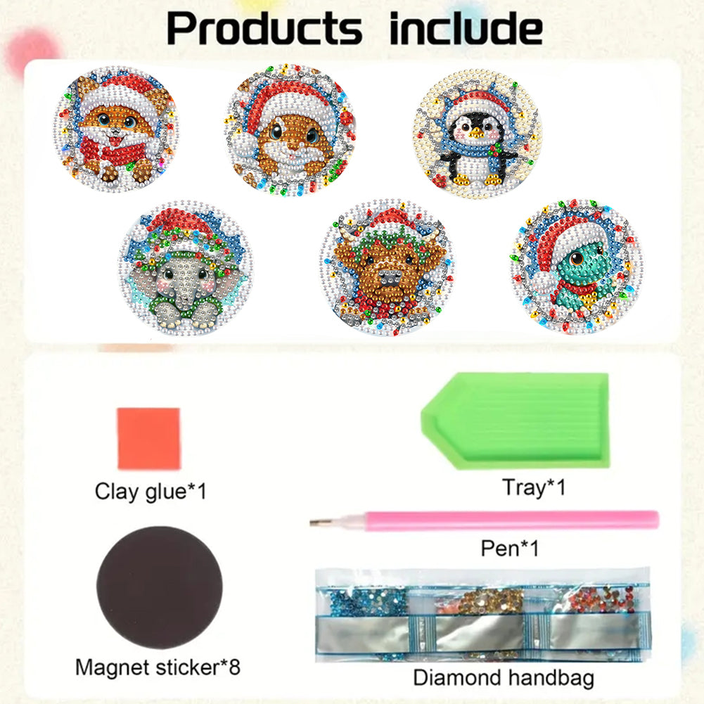 6Pcs Acrylic Christmas Animals Diamond Art Magnets Decals for Fridge Whiteboards