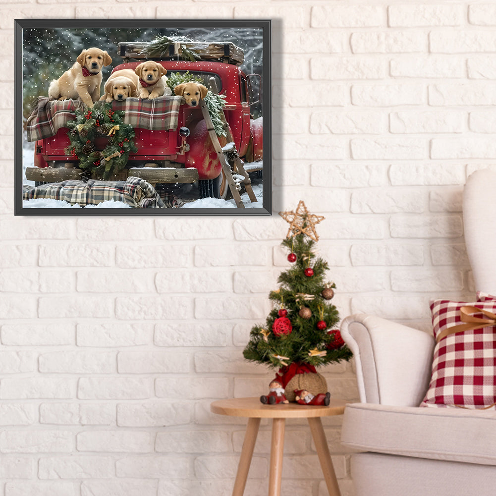 Diamond Painting - Full Round - Christmas Car and Puppy (40*30CM)