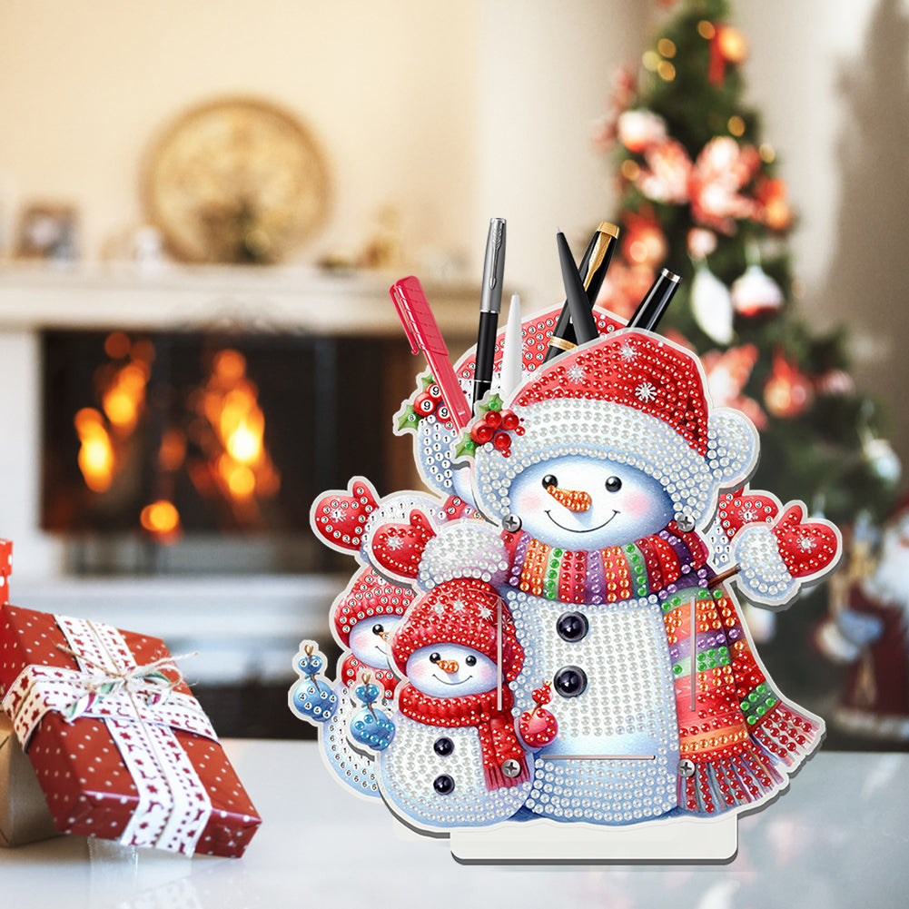 Acrylic Special Shape Double Side Snowman Rhinestones Pencil Organizer for Girls