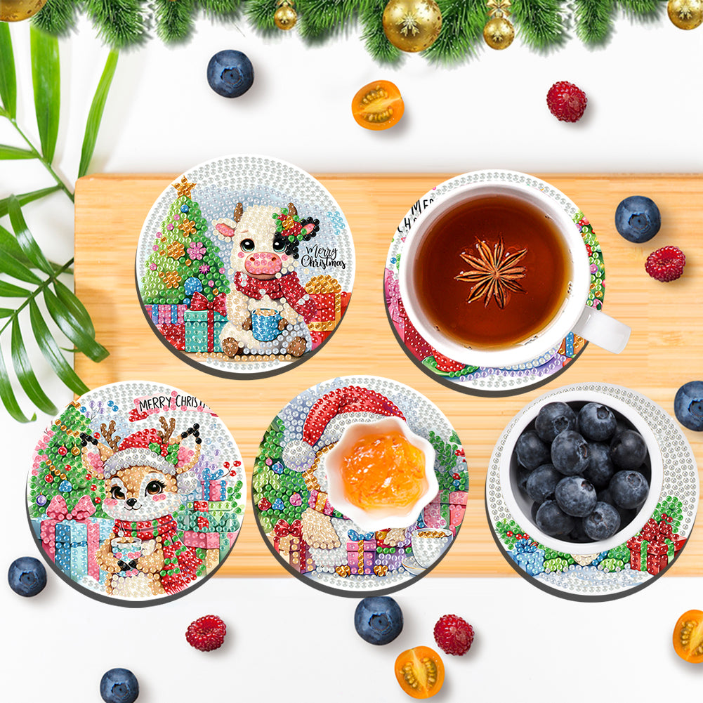 6Pcs Wooden Christmas Animals Diamond Painting Coasters 5D Diamond Painting Kits