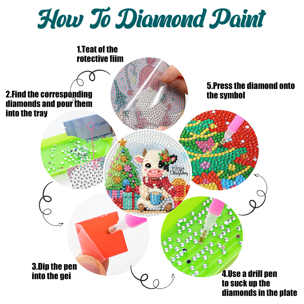 6Pcs Wooden Christmas Animals Diamond Painting Coasters 5D Diamond Painting Kits