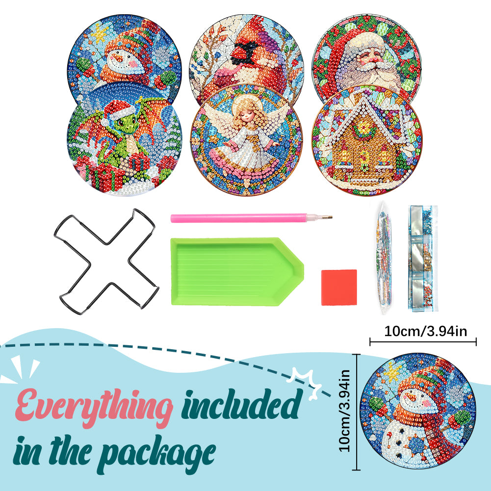 6Pcs Wooden Christmas Animals Diamond Painting Coasters 5D Diamond Painting Kits