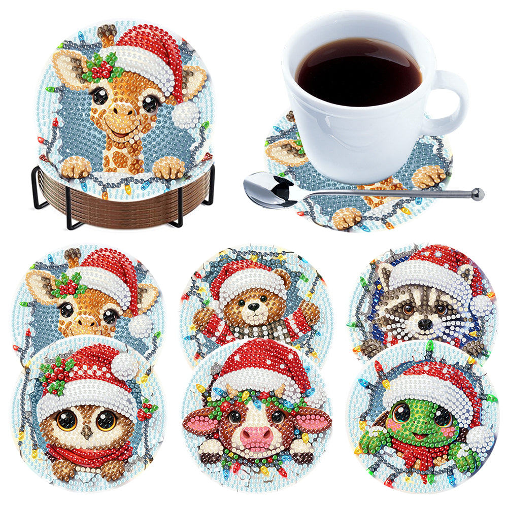 6Pcs Wooden Christmas Animals Diamond Painting Coasters 5D Diamond Painting Kits
