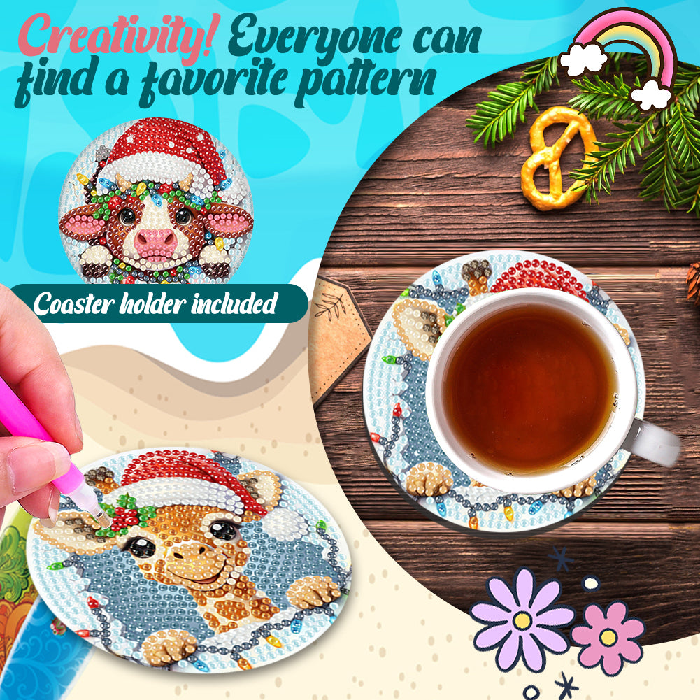 6Pcs Wooden Christmas Animals Diamond Painting Coasters 5D Diamond Painting Kits