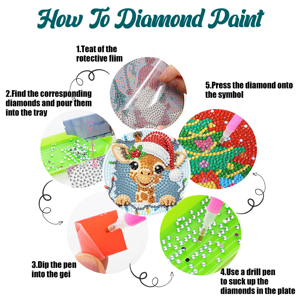 6Pcs Wooden Christmas Animals Diamond Painting Coasters 5D Diamond Painting Kits