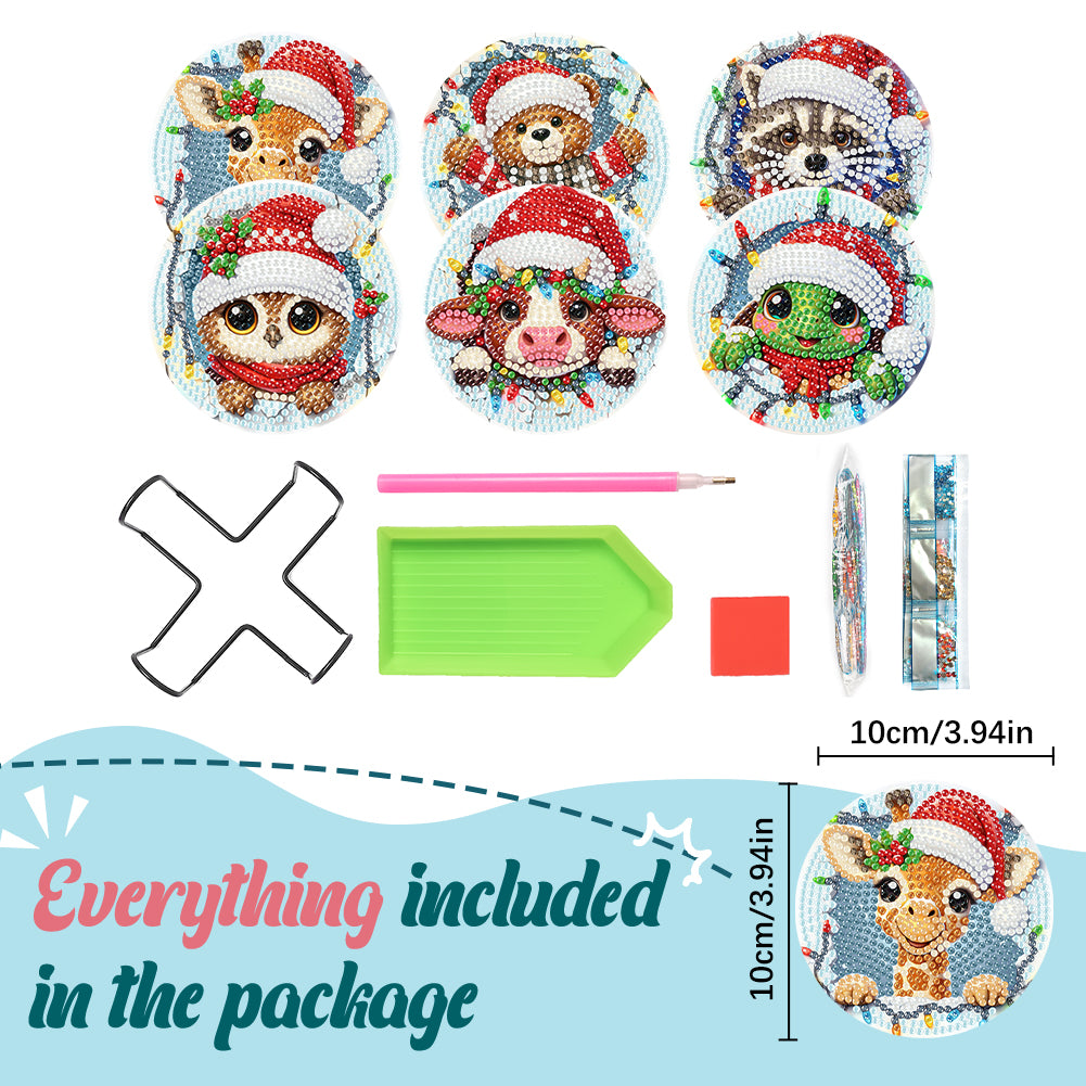 6Pcs Wooden Christmas Animals Diamond Painting Coasters 5D Diamond Painting Kits