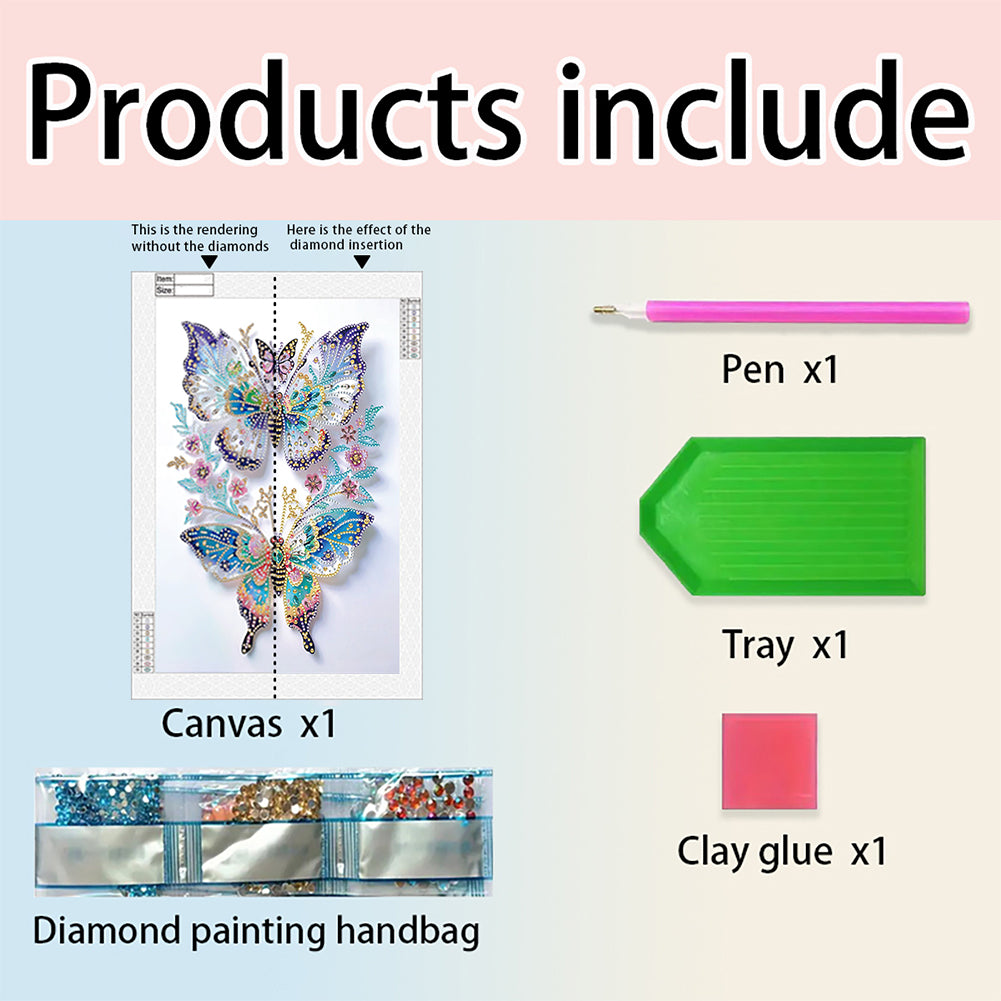 Diamond Painting - Partial Special Shaped - Pink flowers and two butterflies (30*40CM)