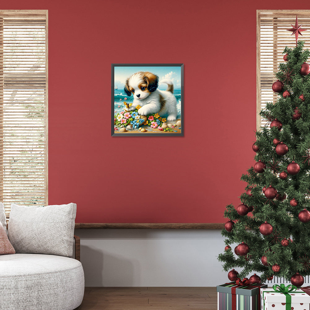 Diamond Painting - Full Round - Flowers and puppies on the beach (30*30CM)