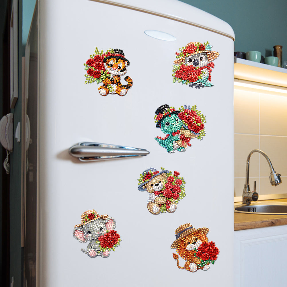 6Pcs Acrylic Animals And Flowers Diamond Art Fridge Magnet for Car Mailbox Decor